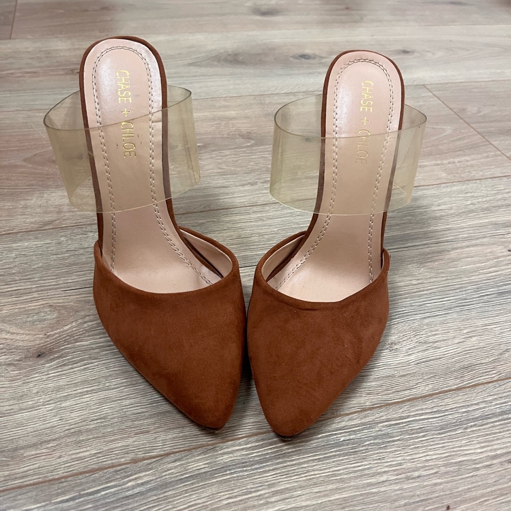 Chase + Chloe Brown Suede Pointed Mules with Clear Strap